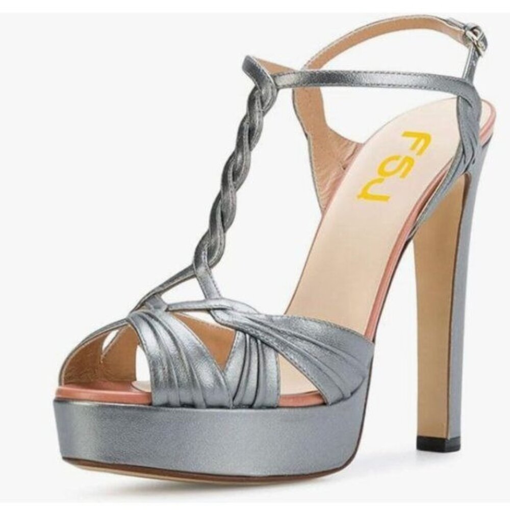 FSJ Grey Platform Chunky Heel Ankle Strap Sandals Open Toe Sexy Slingback Shoes